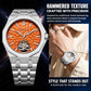 Men’s automatic skeleton watch with silver case, orange dial, silver metal bracelet