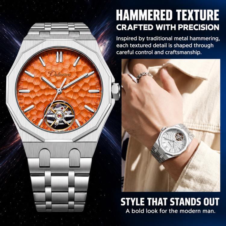 Men’s automatic skeleton watch with silver case, orange dial, silver metal bracelet