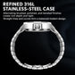 Stainless steel wristwatch case with linked metal bracelet and round crown