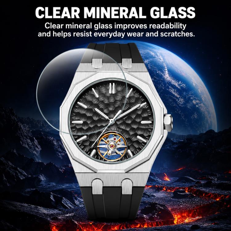 Men’s automatic skeleton watch with silver case, black dial, dark silicone strap