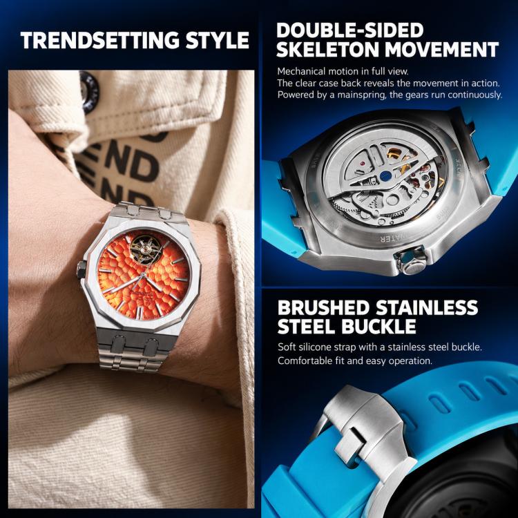 Men's skeleton tourbillon automatic watch with orange skeleton dial and black strap