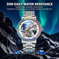 Dulunwe 6057B skeleton mechanical watch with stainless steel bracelet, rainbow bezel
