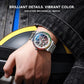 Men's automatic skeleton watch on wrist, silver steel bracelet, multicolor gem bezel