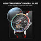 Men's automatic skeleton watch, black silicone strap, multicolor gem bezel, dark dial