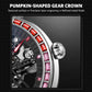 Dulunwe 6057B watch crown close-up with red bezel stones and openwork movement