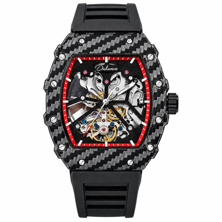 Men’s automatic skeleton watch, black carbon-pattern case, black strap, red bezel accents