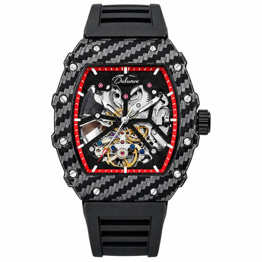 Men’s automatic skeleton watch, black carbon-pattern case, black strap, red bezel accents