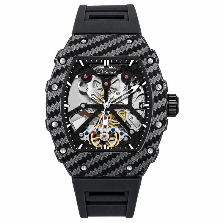 Men’s automatic skeleton watch, black carbon-pattern case, black strap, exposed mechanical dial