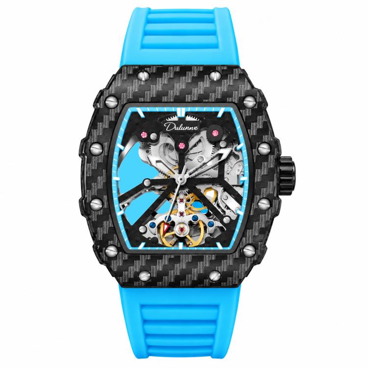 Men’s automatic skeleton watch, black carbon-pattern case, blue strap, blue bezel glow ring