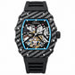 Men’s automatic skeleton watch, black carbon-pattern case, black strap, blue bezel accents