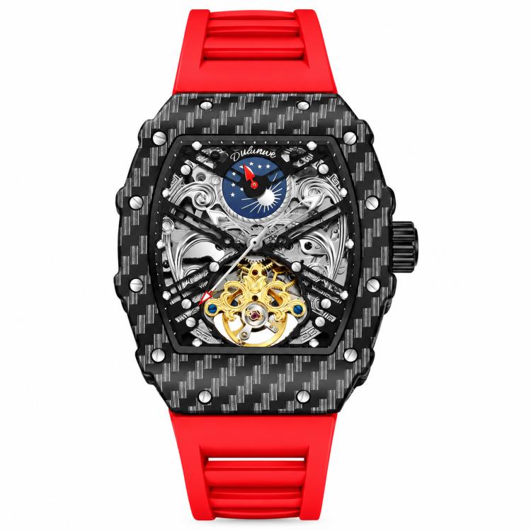 Men’s automatic skeleton watch, black carbon-pattern case, red strap, gold and blue dial center