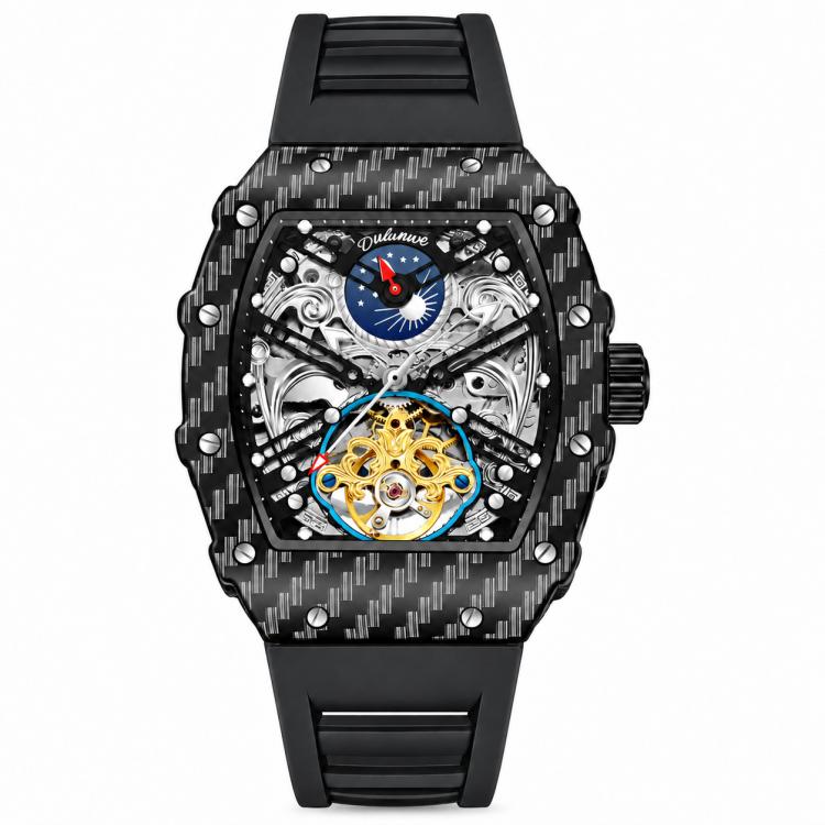 Men’s automatic skeleton watch, black carbon-pattern case, black strap, gold movement with blue center