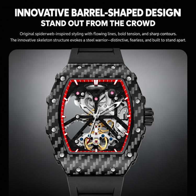 Men's automatic skeleton watch with black carbon-fiber case and red bezel accent