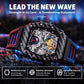 Men's automatic skeleton watch with black carbon-fiber case and blue and gold details