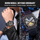 Men's automatic skeleton watch on wrist with black carbon-fiber case and blue strap accents