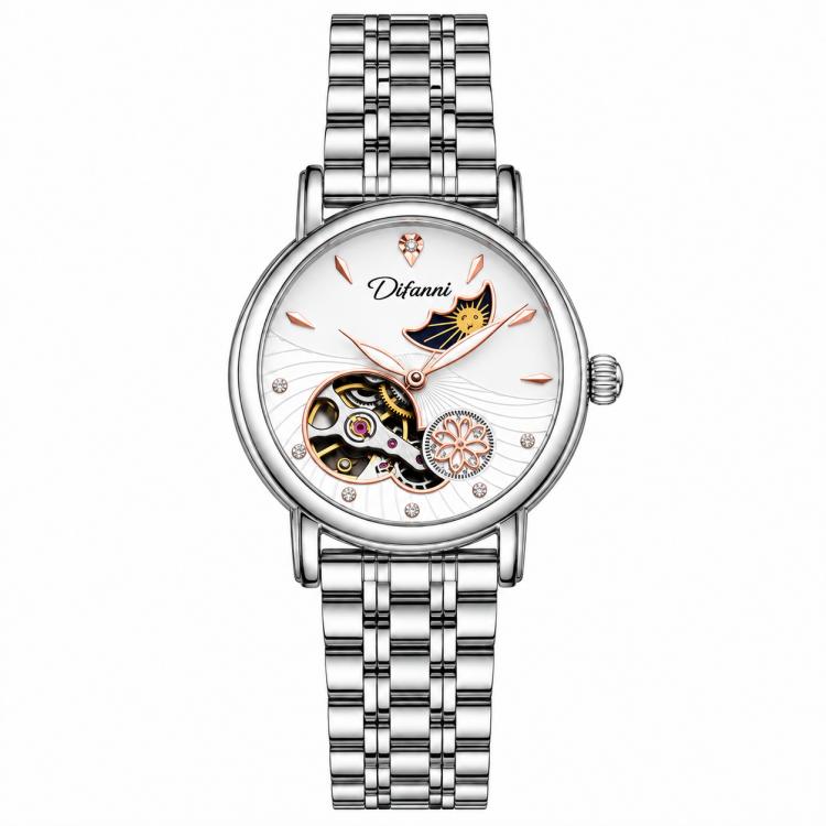 Women’s steel bracelet watch with silver strap and white/pink open-work dial
