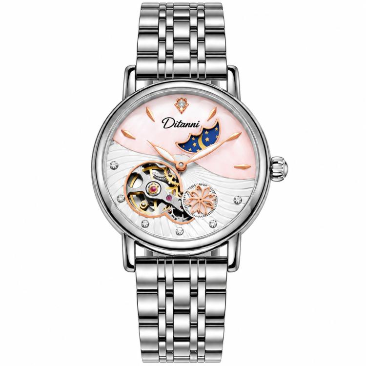 Women’s steel bracelet watch with silver strap and white/pink open-work moon dial