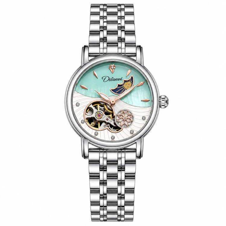 Women’s steel bracelet watch with silver strap and teal open-work moon dial