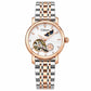 Women’s steel bracelet watch with rose gold details, pink open-work dial and moon stars