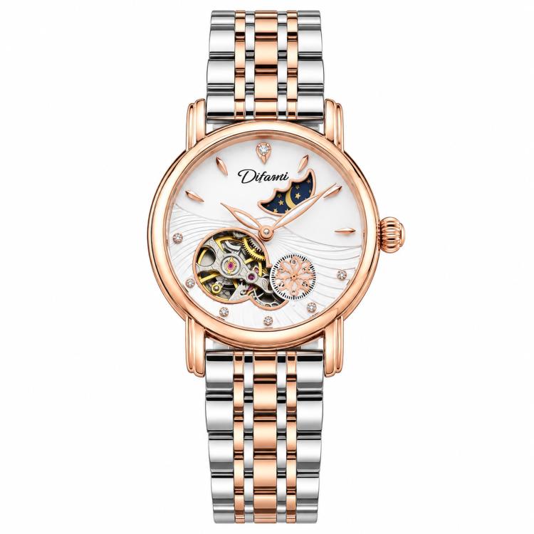 Women’s steel bracelet watch with rose gold details, pink open-work dial and moon stars