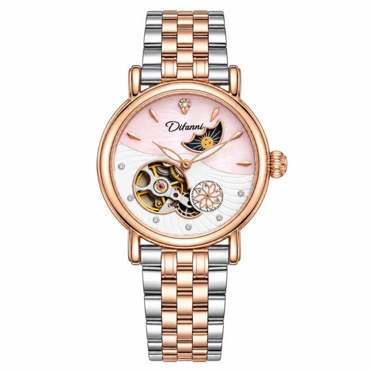 Women’s steel bracelet watch with rose gold strap accents and pink open-work moon dial