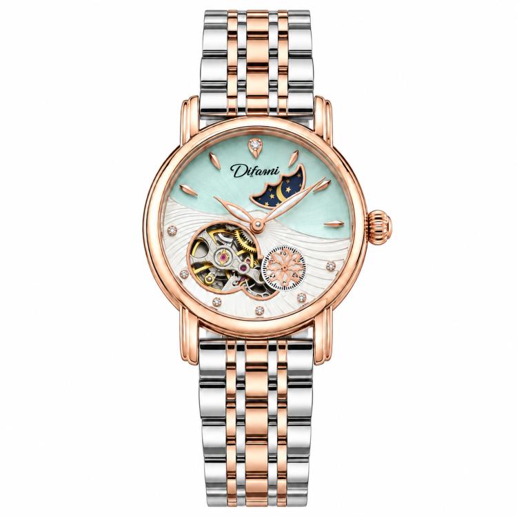 Women’s steel bracelet watch with rose gold accents and teal open-work moon dial