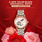 Women’s color-block mechanical bracelet watch with rose gold accents and pink moon dial