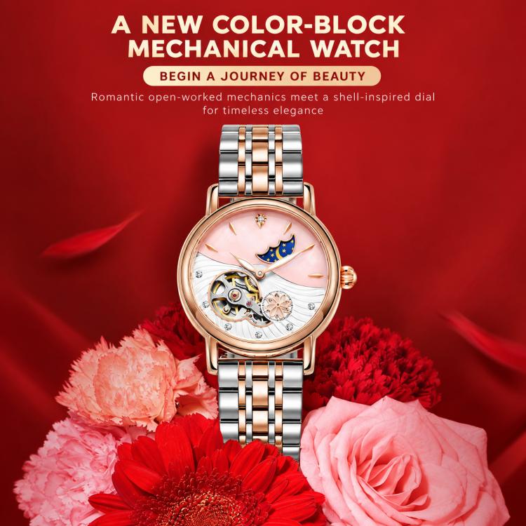 Women’s color-block mechanical bracelet watch with rose gold accents and pink moon dial