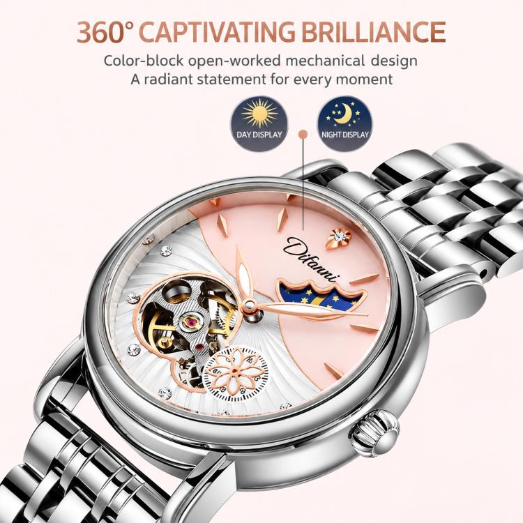 Close-up of a steel bracelet watch with open-work dial and moon-and-stars design