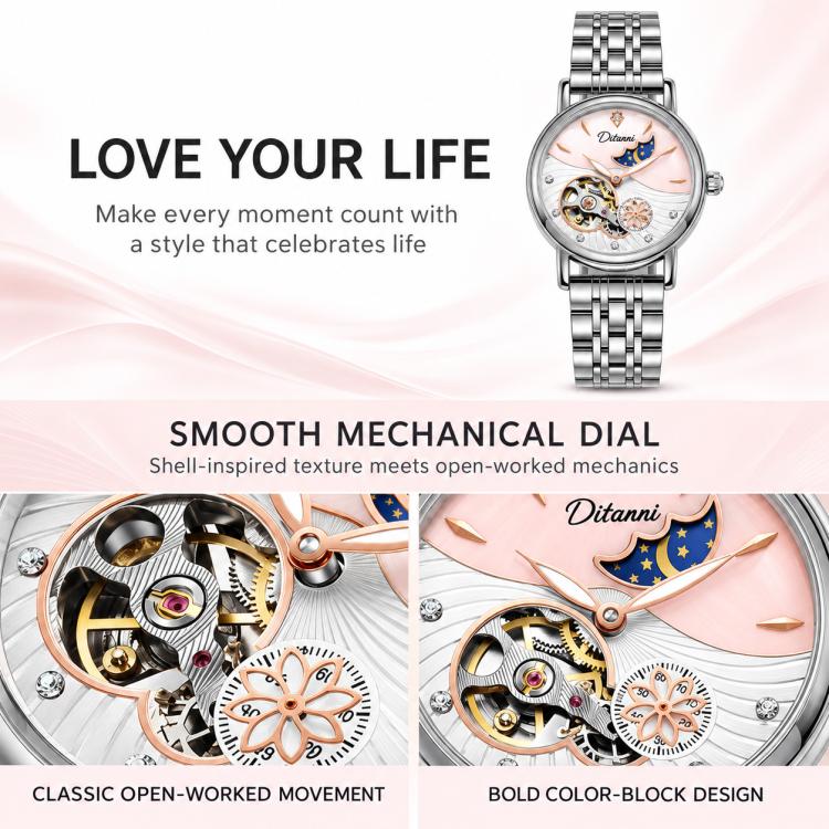 Women’s steel bracelet watch with silver strap and open-work dial with moon stars