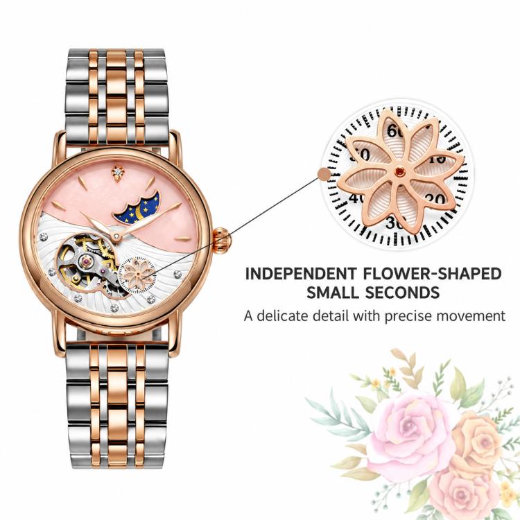 Women’s bracelet watch with rose gold accents, open-work dial and floral second hand
