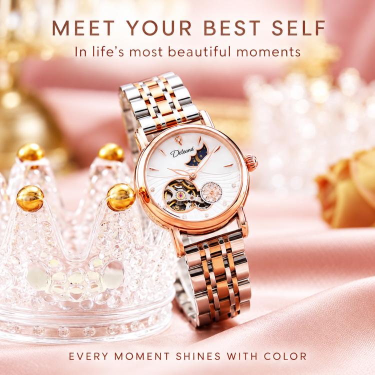 Women’s rose-gold and silver steel bracelet watch, openworked moon-and-stars dial