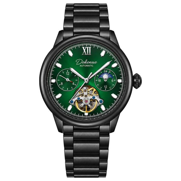Men's automatic mechanical watch with green dial and black steel bracelet