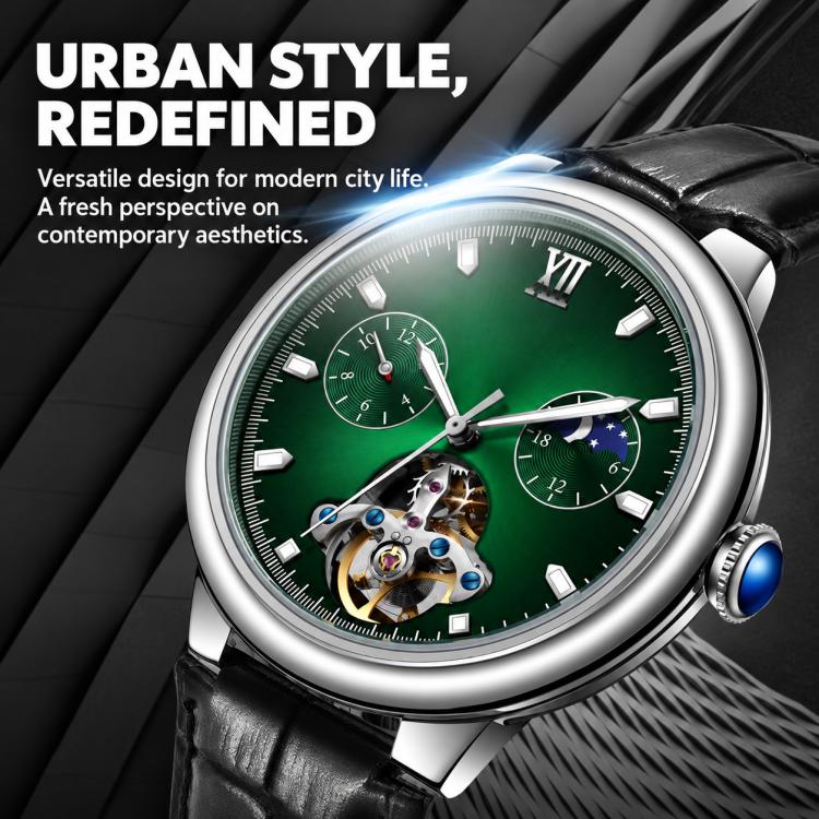 Men's automatic mechanical watch with green dial and black leather strap on wrist