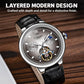 Men's automatic mechanical watch with taupe dial and black leather strap on wrist