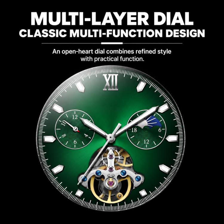 Men's automatic mechanical watch dial with green face and open-heart movement