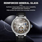 Men's automatic mechanical watch with silver case, brown dial, and black leather strap