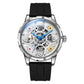 Clover-shaped skeleton automatic mechanical watch with black silicone strap, silver case