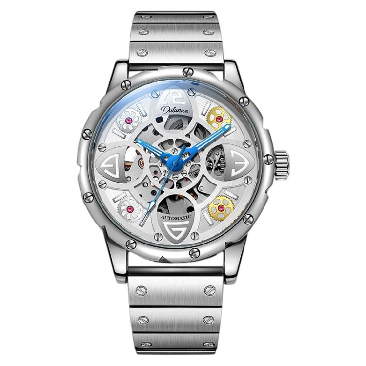 Clover-shaped skeleton automatic mechanical watch with silver steel bracelet, silver case