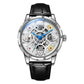 Clover-shaped skeleton automatic mechanical watch with black leather strap, silver case