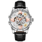 Clover-shaped skeleton automatic mechanical watch with black leather strap, silver case