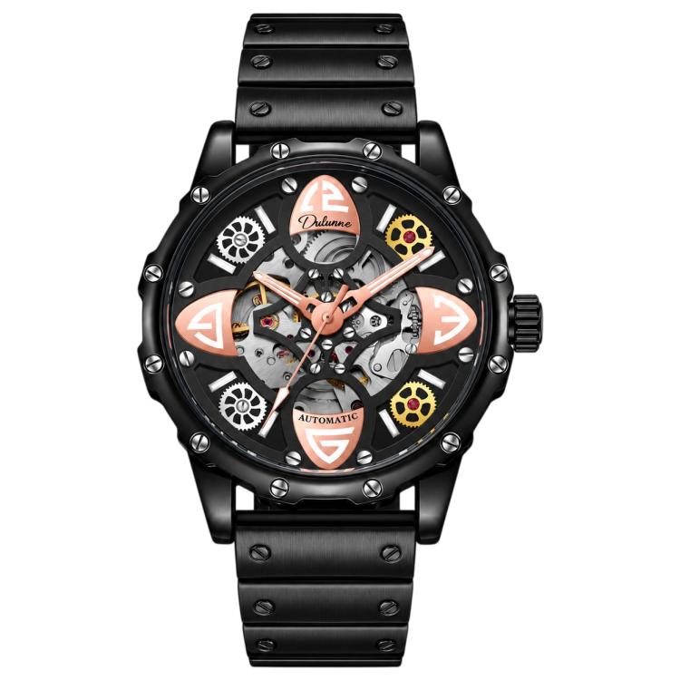 Clover-shaped skeleton automatic mechanical watch with black strap, black case