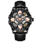 Clover-shaped skeleton automatic mechanical watch with black leather strap, black case