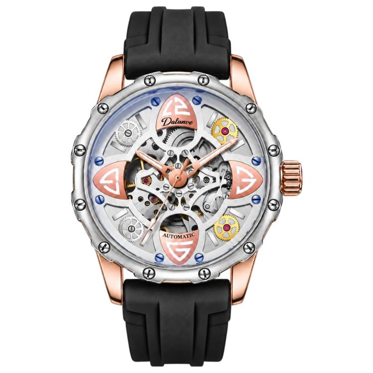 Automatic skeleton mechanical watch with black silicone strap and rose-gold case details