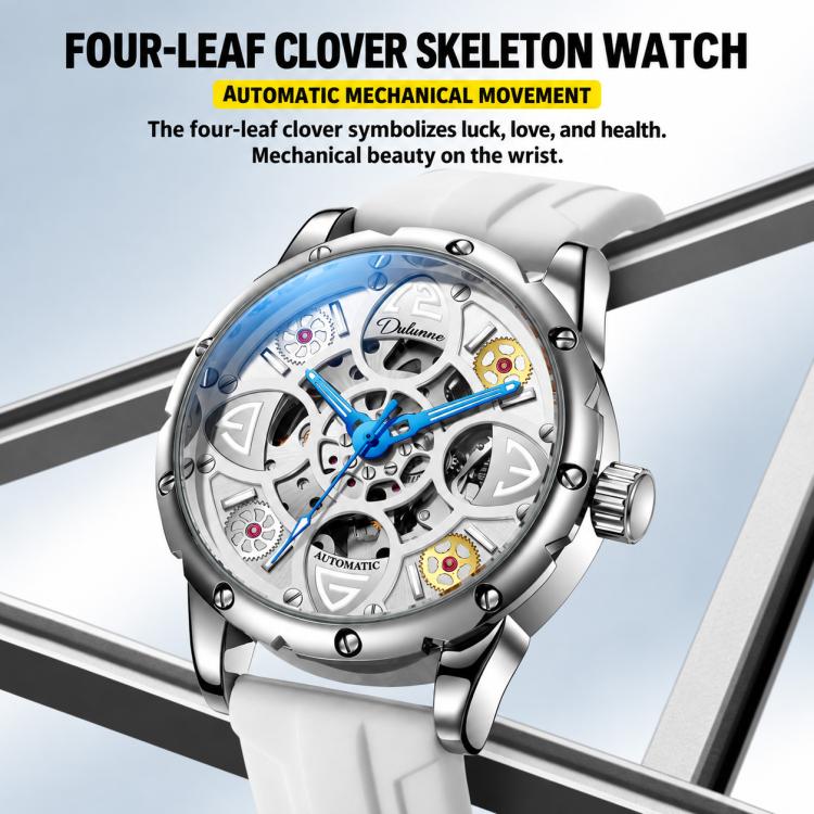 Automatic skeleton watch with silver case and white silicone strap, crown on the side