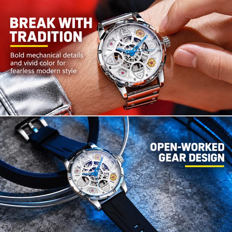 Men's automatic skeleton watch with brown leather strap and open-worked dial