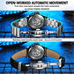 Men's automatic skeleton watch with stainless steel bracelet and visible caseback