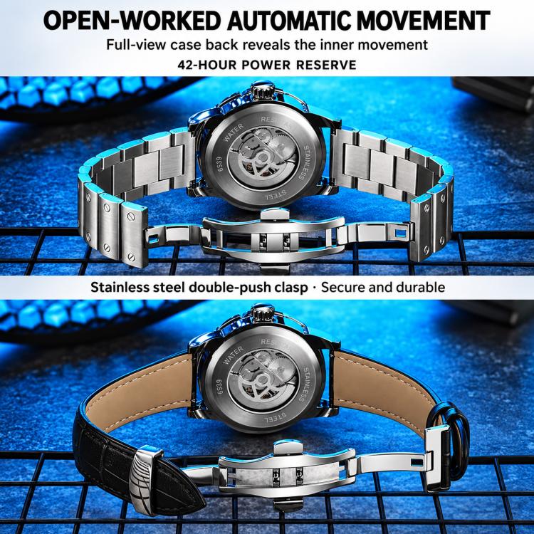 Men's automatic skeleton watch with stainless steel bracelet and visible caseback