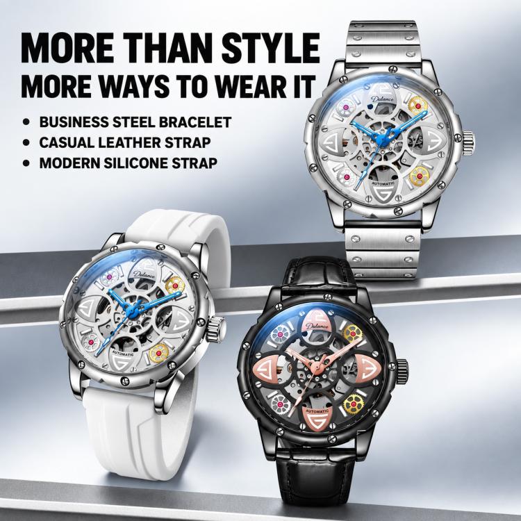 Automatic skeleton watch with steel bracelet and silicone/leather strap options shown