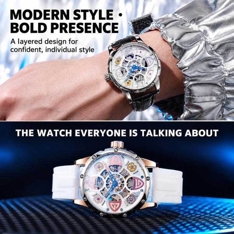 Men's automatic skeleton watch with white silicone strap and multicolor open dial
